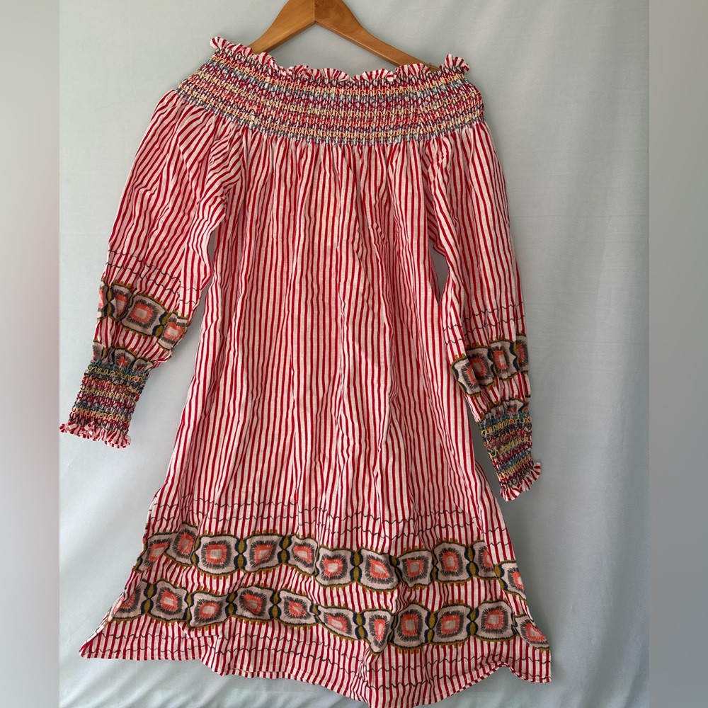 Velzera NWT Striped Off-Shoulder Dress with Floral Accents Large 100% Cotton